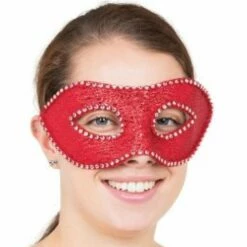 Red Eye Mask With Diamonds And Ribbon Tie